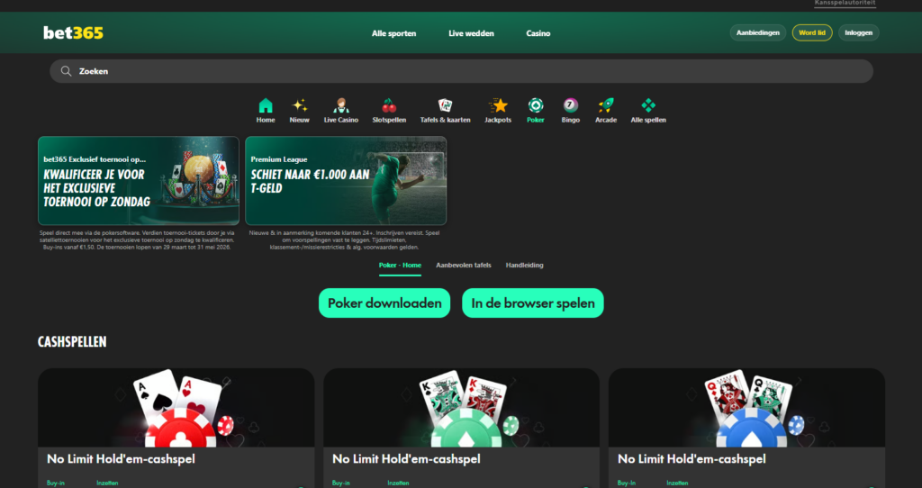 bet365 &ndash; Online poker aanbieder met exclusieve toernooien en prijzenpotten tot &euro;100.000