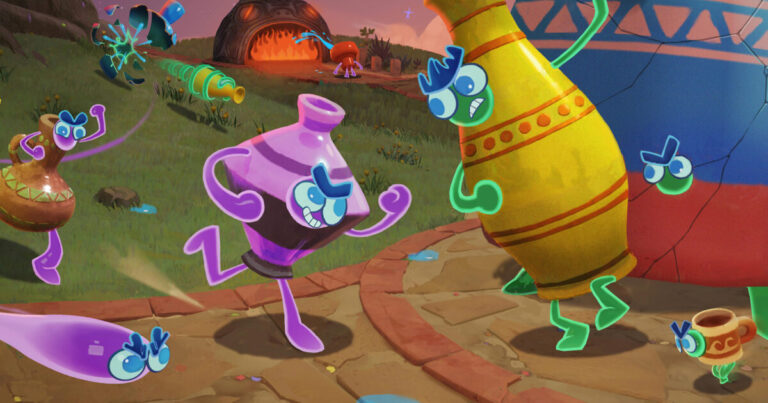 Bekijk de launchtrailer van Kiln, Double Fine’s party brawler waarin aardewerk je wapen is