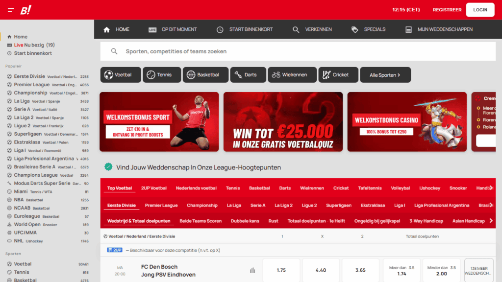 Bingoal wedden op sport startpagina met Profit Boosts welkomstaanbieding
