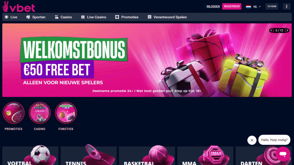Vbet wedden op sport startpagina met Free Bet welkomstbonus