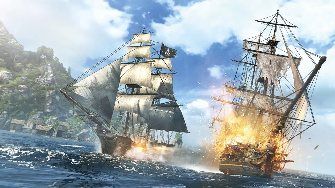 Intense naval combat scene from Assassin's Creed Black Flag with two ships in battle.