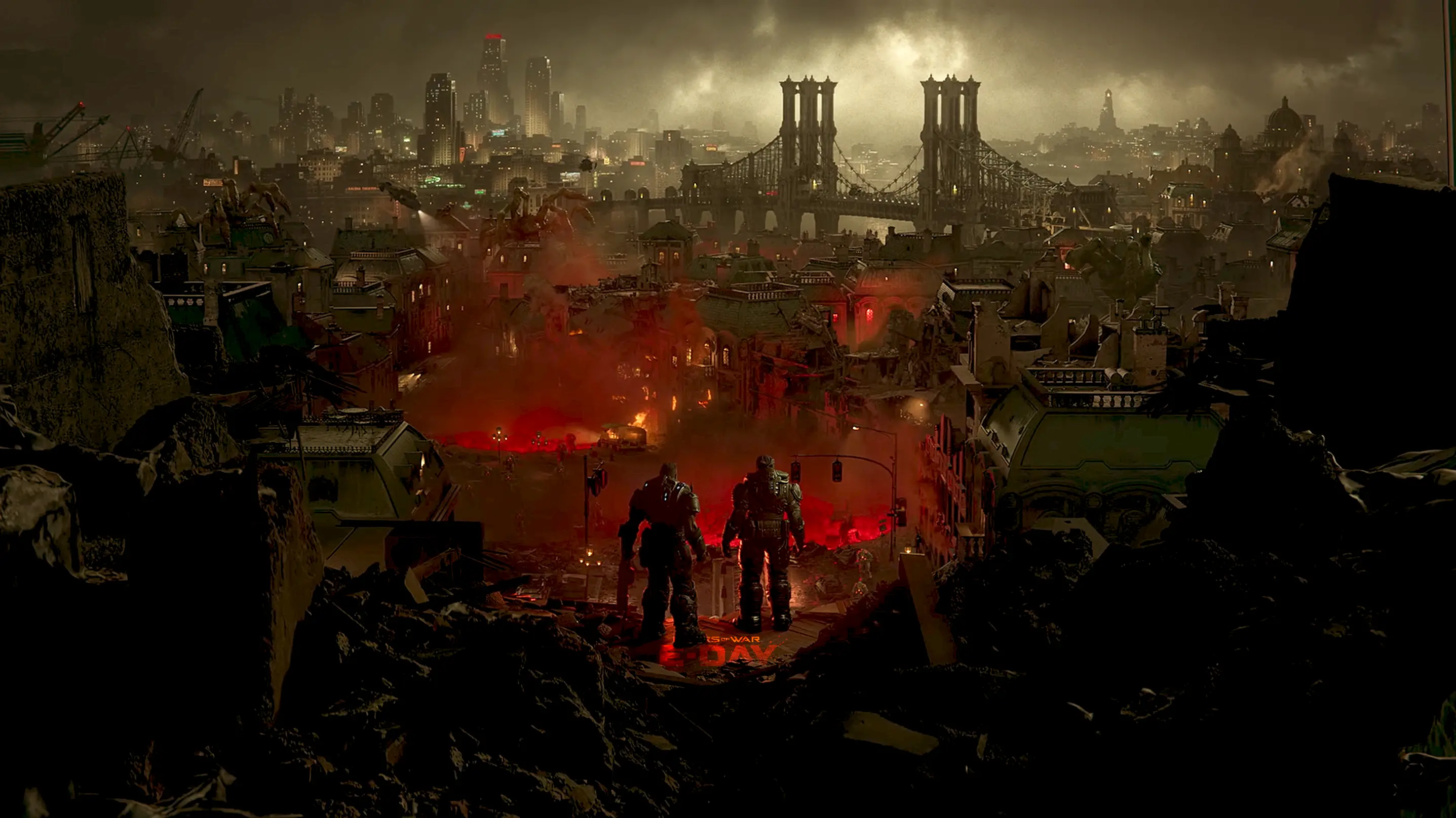 Gears of War E-Day artwork featuring armored characters in a devastated cityscape.