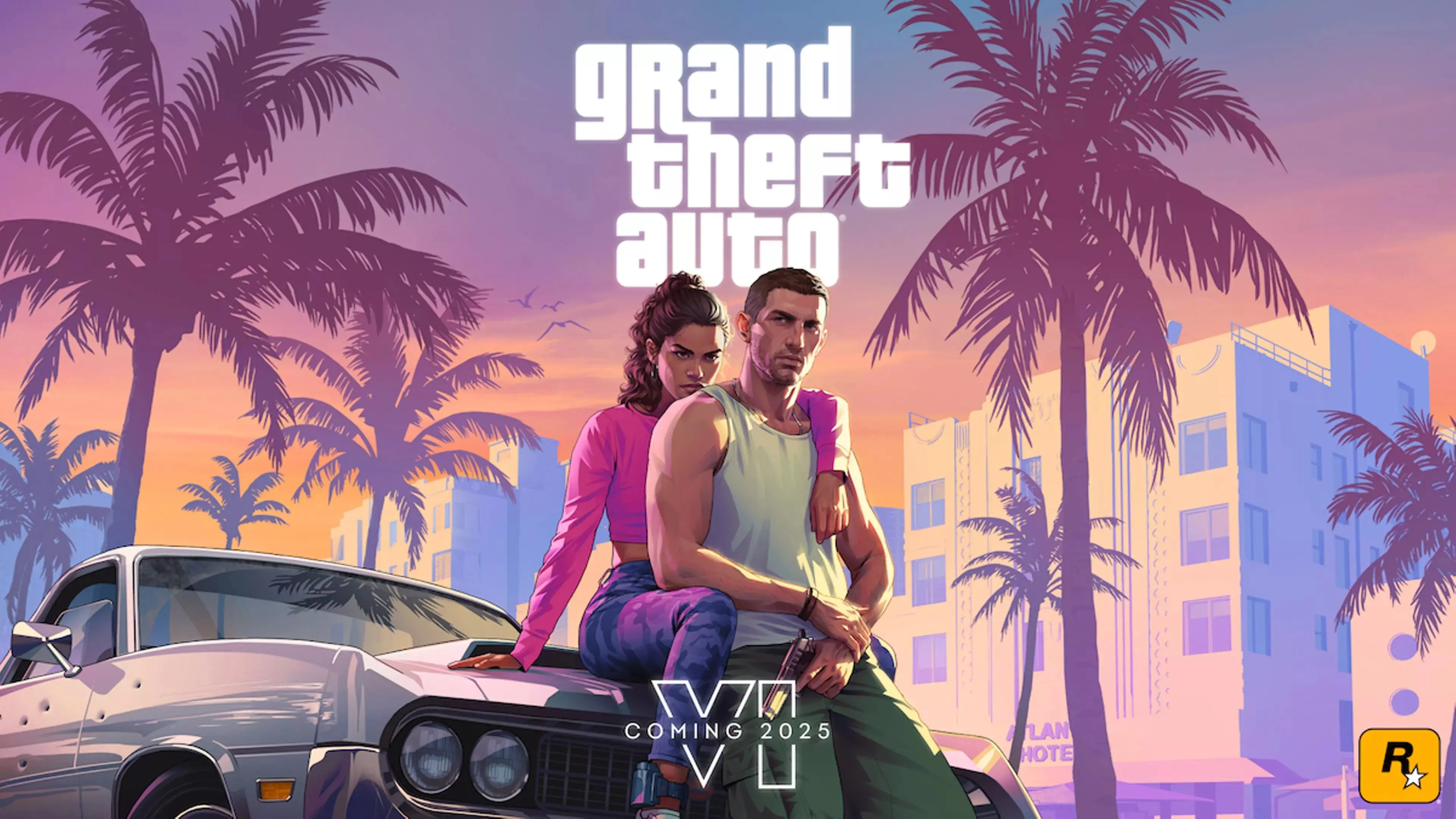 Artwork of two characters from Grand Theft Auto set in a tropical beach environment.