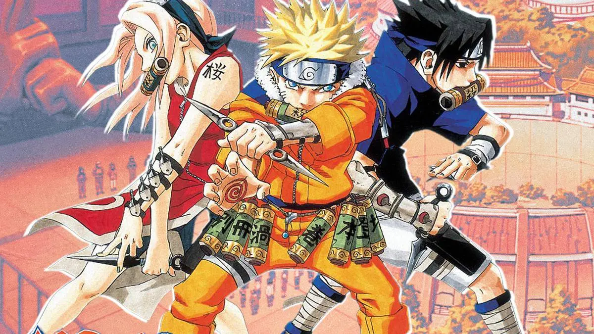 Naruto, Sakura, and Sasuke from Team 7 in manga artwork.