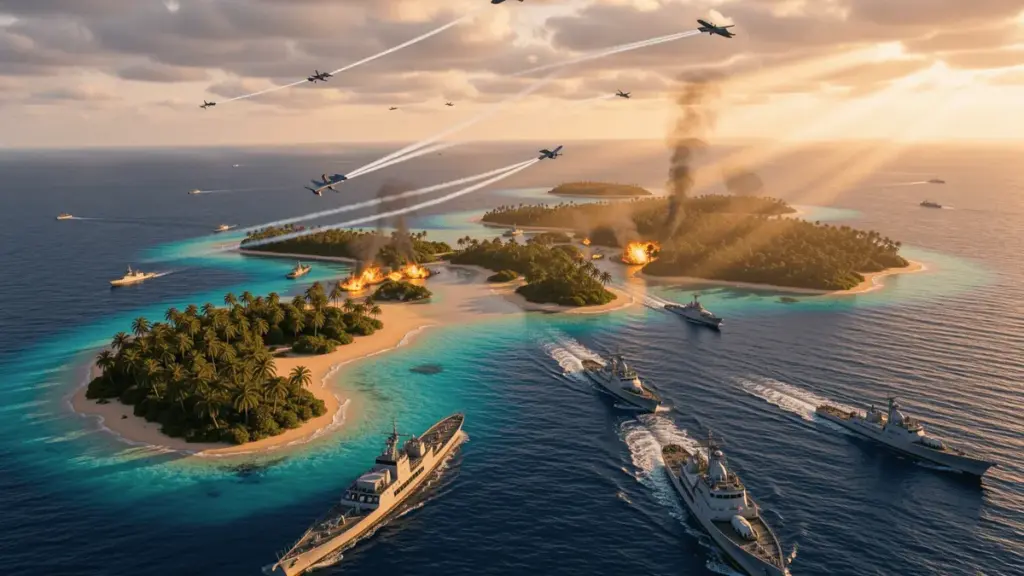 Naval warfare battlefield with tropical islands, military ships, and fighter jets in dramatic lighting