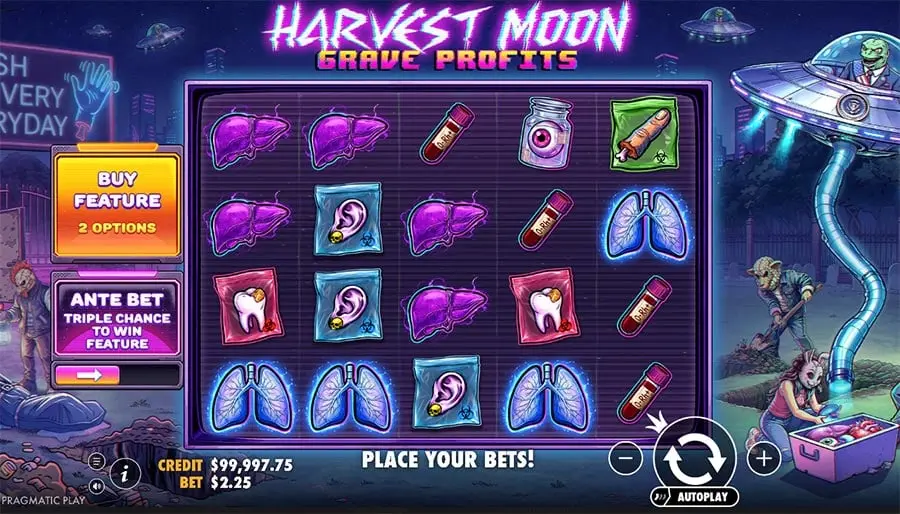 Gameplay screen of Harvest Moon Grave Profits slot game featuring purple organs and anatomical parts on a reel grid