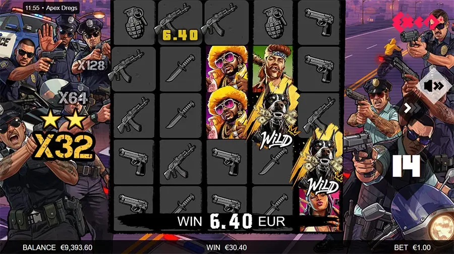 Gameplay screenshot of Apex Dregs slot machine featuring weapon symbols and character icons on a grid